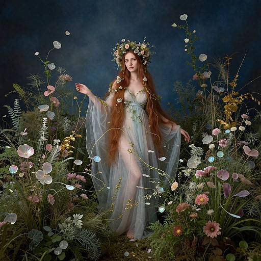Photograph of a fair-skinned, long-haired woman in a flowing, translucent white dress adorned with flowers, standing in a vibrant, glowing meadow
