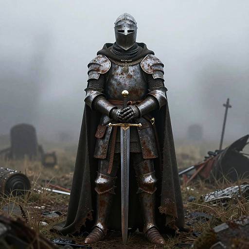 Rusty Noble Knight on Foggy Battlefield