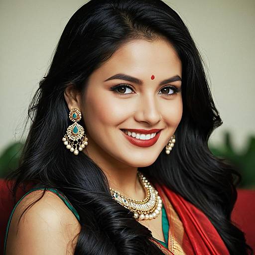 Smiling Indian Woman in Half Border Saree