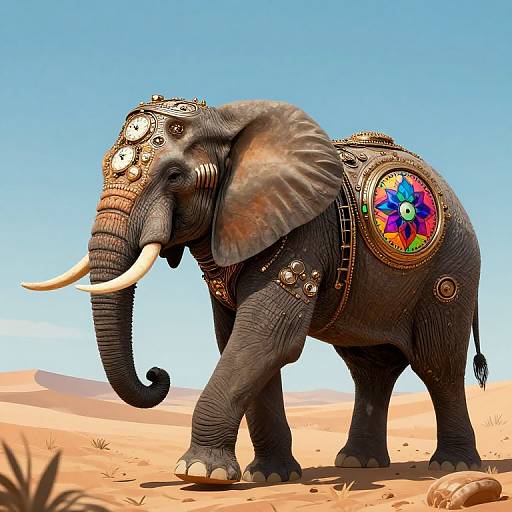 Photorealistic digital artwork of an adorned elephant with intricate jewelry, colorful circular patterns, and large tusks, standing in a desert under a clear blue
