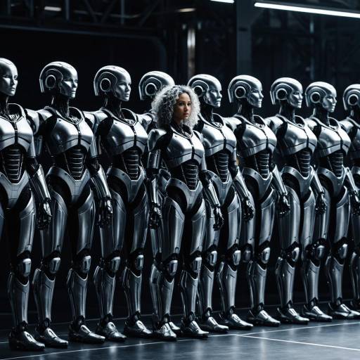 Curly Haired Woman Among Humanoid Robots