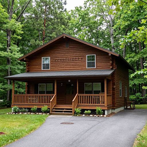Photograph of a rustic wooden cabin with a brown exterior, black roof, and screened porch, set on a paved driveway surrounded by lush green trees.