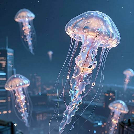 Photograph of glowing, translucent jellyfish floating in a blue-lit, nighttime cityscape with blurred skyscrapers in the background.