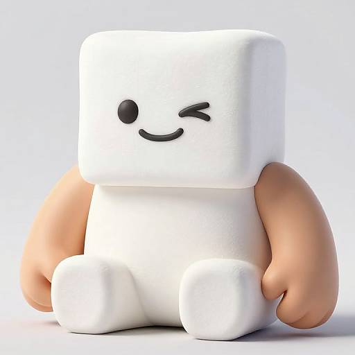 CGI image of a cute, white, cube-shaped plush toy with smiling black eyes, a winking eye, and beige, floppy arms, sitting