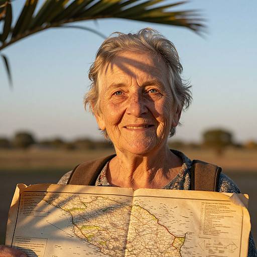 Photograph of smiling elderly woman with short gray hair, holding a detailed map, sunlight casting shadows, palm tree in background.