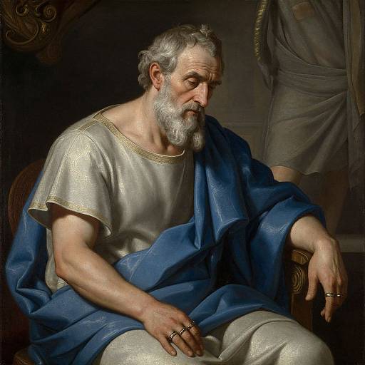 Photorealistic painting of an elderly white man with a white beard, wearing a silver tunic and blue robe, sitting pensively against a dark,