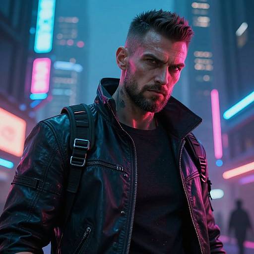 Photograph of a rugged, bearded man with short, spiked hair in a black leather jacket, standing in a neon-lit, futuristic city street