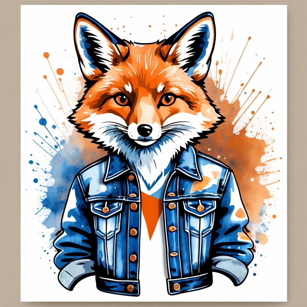 Retro Fox in Denim Watercolor Style