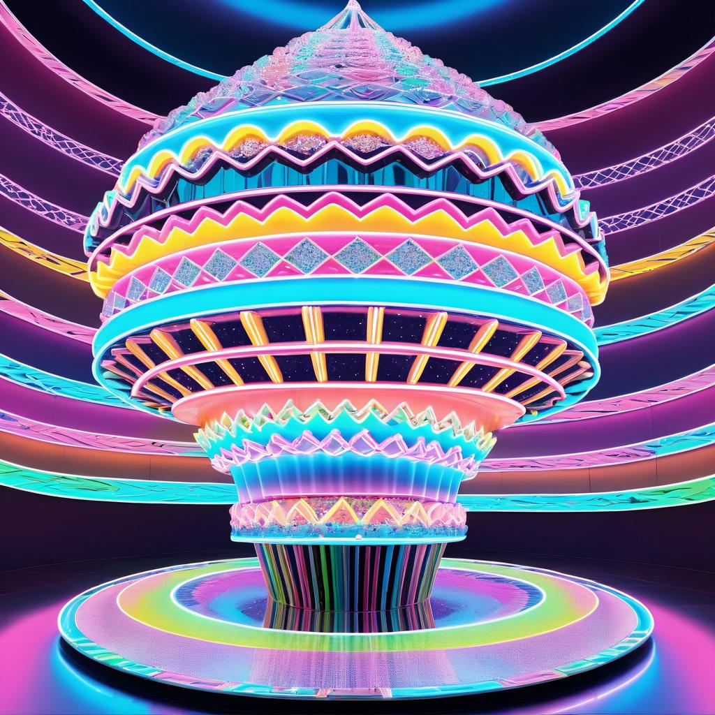 Giant Neon Cupcake Statue in Surreal Style