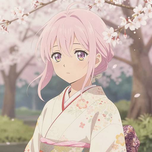 Anime-style digital illustration of a pink-haired girl with purple eyes, wearing a white floral kimono, standing under blooming cherry blossoms.