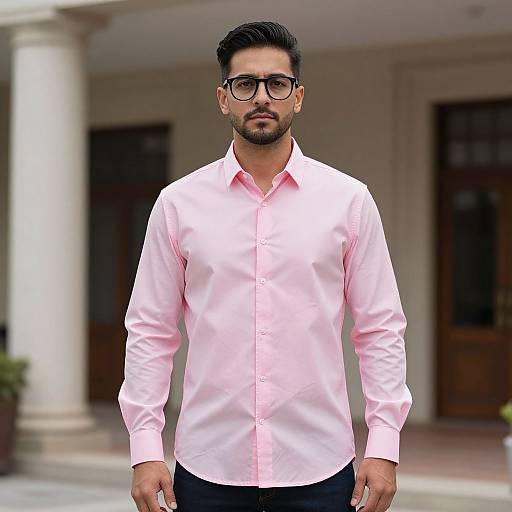 Photograph of a handsome man with dark hair and beard, wearing black-framed glasses, a pink button-up shirt, and black pants, standing in