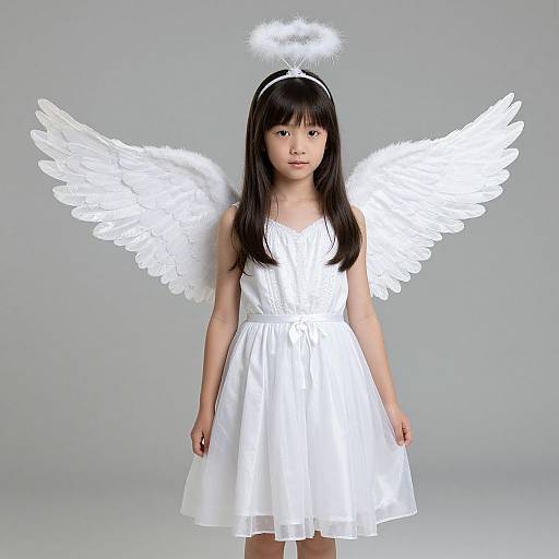 Photograph of an Asian girl with long black hair, wearing a white angel dress, halo headband, and white feathered wings, standing against a