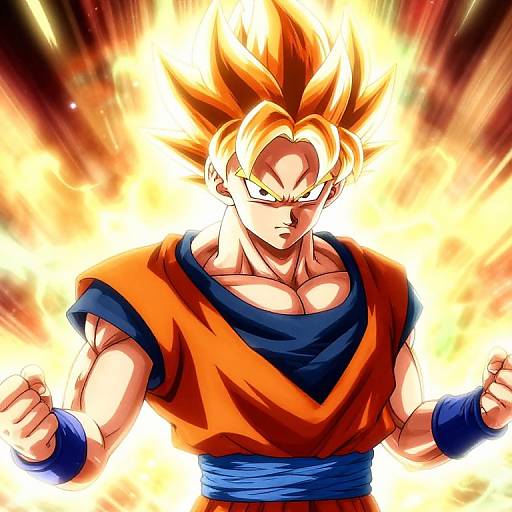 Digital artwork of Super Saiyan Goku from Dragon Ball, with spiky orange hair, intense expression, muscular build, and fiery background.