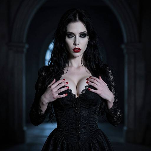 Gothic-style photograph of a pale woman with long black hair, wearing a black lace corset, red lipstick, and nails, standing in a