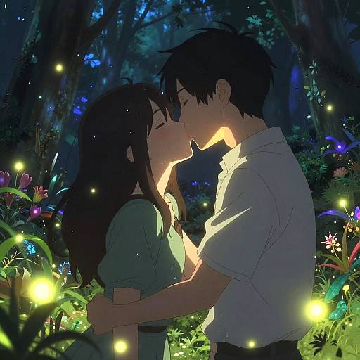 Anime Couple Kissing in Magical Forest