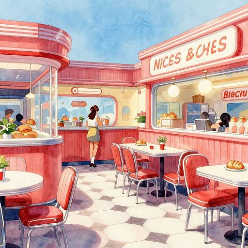 1960s Themed Diner Interior with Girl and Bread