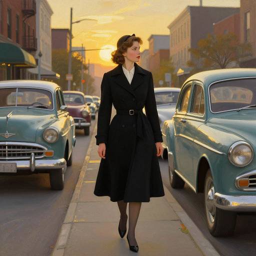 Vintage-style photograph of a woman in a black trench coat and heels walking down a 1950s urban street at sunset, surrounded by classic blue cars