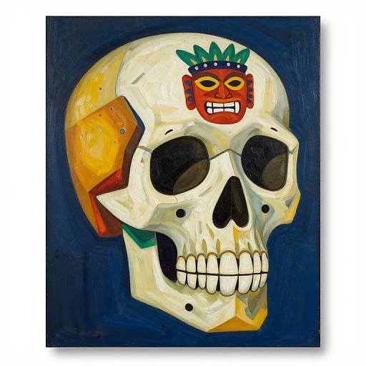 Digital painting of a colorful, stylized skull with a red, green, and blue mask on the forehead, black eye sockets, and an orange ear
