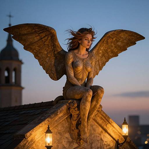 Photograph of a bronze-winged angel statue with flowing hair, sitting on a rooftop at dusk, illuminated by lanterns, against a blue-purple sky