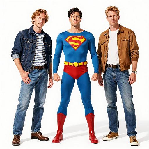 Photograph of three men: left in denim shirt and jeans, center in Superman costume with blue bodysuit and red boots, right in brown jacket