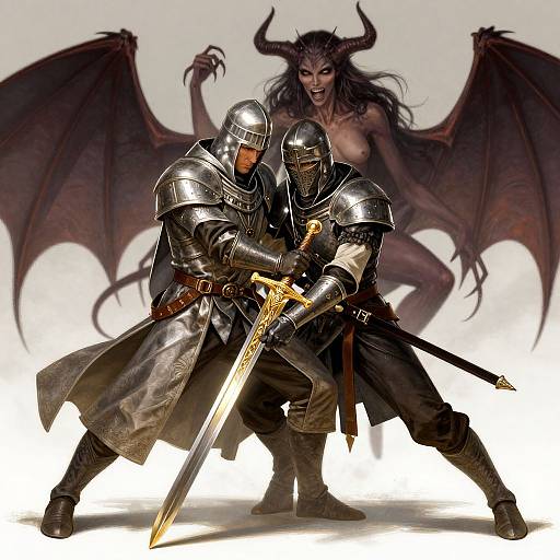 Digital artwork: Two armored knights with swords, facing forward, confront a fierce, topless demon with dark wings and horns in the background.