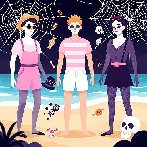 Digital illustration of three stylized, pale-skinned Halloween figures in beach setting, with spider webs, costumes, and spooky decorations.