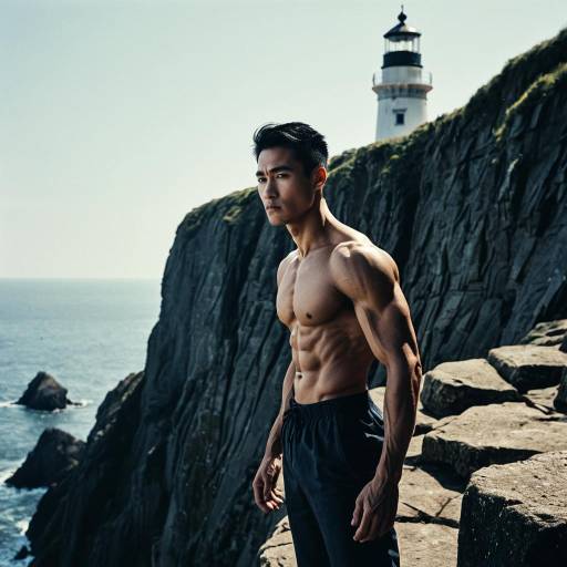 Lean muscular man at lighthouse cliff