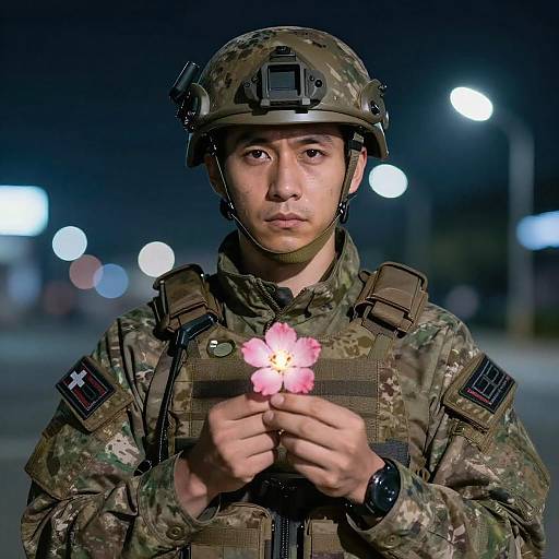 Soldier Holding Glowing Pink Flower