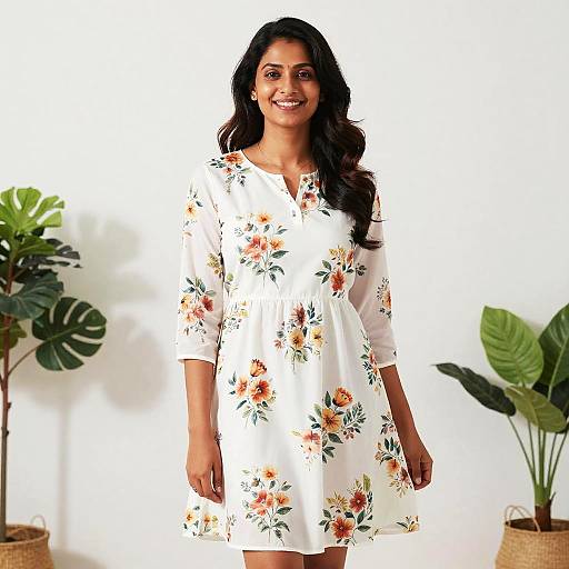Photograph of a smiling Indian woman with long black hair, wearing a white floral dress, standing in front of a white wall with green potted plants