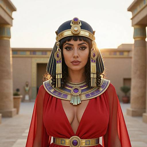 Digital artwork of a beautiful, dark-haired woman with large eyes, wearing an Egyptian pharaoh-style headdress, red sheer dress, gold and purple jewelry