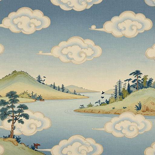 Vintage-style digital illustration of a serene landscape with rolling hills, winding river, scattered pine trees, and fluffy white clouds against a blue sky. Whims