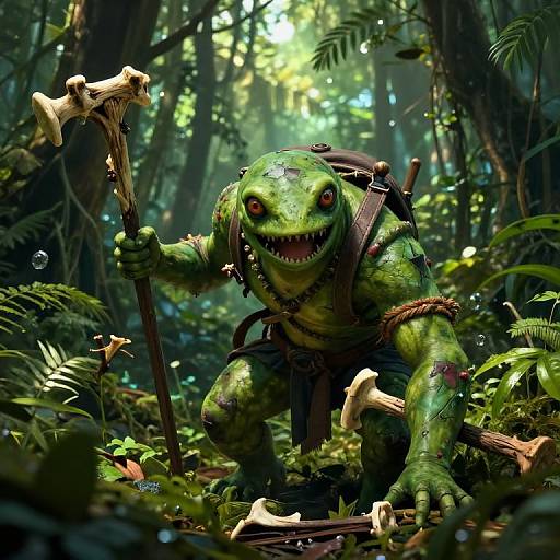 CGI fantasy scene: Green, muscular goblin with sharp teeth, red eyes, and bone staff, crouching in a dense, sunlit