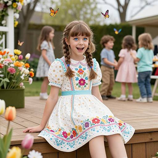 Photograph of a smiling young girl with braided brown hair, wearing a white floral dress, sitting on a wooden deck, surrounded by children and vibrant