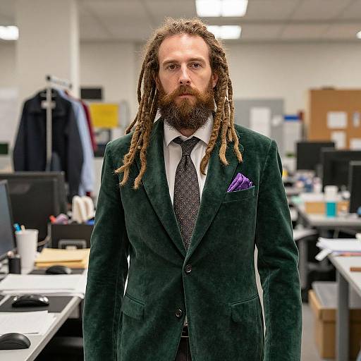 Photograph of a serious-looking man with dreadlocks and a full beard, wearing a dark green velvet suit, white shirt, patterned tie, and