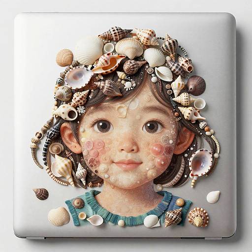 Digital artwork of a young girl with large brown eyes, rosy cheeks, wearing a teal shirt, adorned with various seashells on her head and