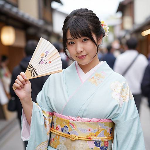 Photograph of a smiling Japanese woman in a light blue kimono with floral obi, holding a decorative fan, standing in a busy, blurred street