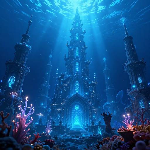 Digital fantasy artwork of a glowing blue underwater cathedral with ethereal light beams, surrounded by bioluminescent coral and marine creatures.