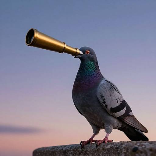 Photograph of a pigeon with iridescent feathers holding a golden tube in its beak against a twilight sky.