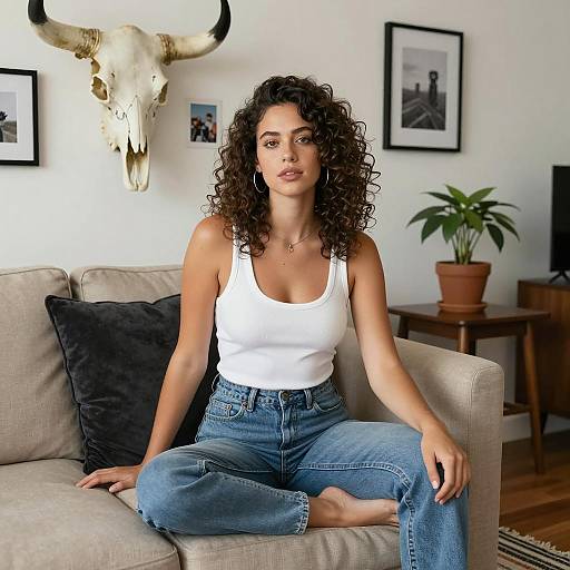 Stylish Woman Relaxing on Beige Couch