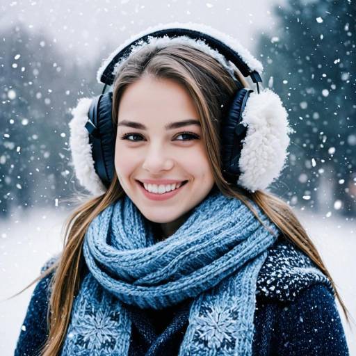 Smiling Young Woman Wearing Earmuffs in Snow