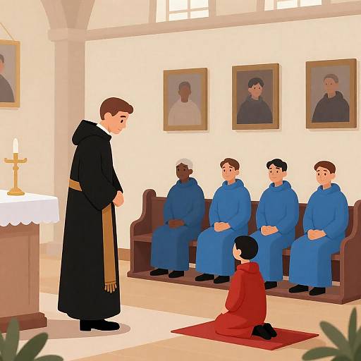 Church Interior: Priest, Blue Clergy, Red Penitent