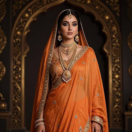 Photograph of an Indian woman in an orange wedding saree adorned with gold embroidery, wearing multiple gold necklaces, earrings, and a headpiece,