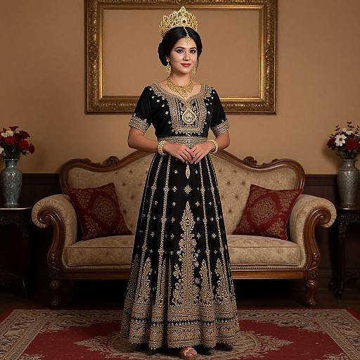 Photograph of a South Asian woman in an ornate black and gold traditional dress, gold jewelry, and crown, standing in an elegant, warmly lit