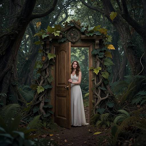 Woman Emerging from Enchanted Forest Door
