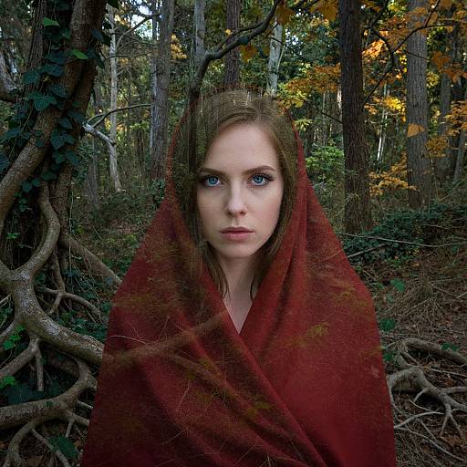 Photorealistic digital portrait of a young woman with fair skin and blue eyes, wrapped in a red cloak, standing in a dense, autumnal forest