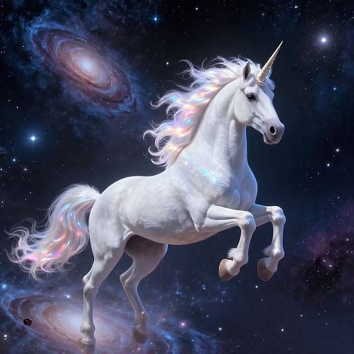 Digital art of a radiant white unicorn with a glowing mane and horn, leaping in a starry, cosmic background with swirling galaxies.