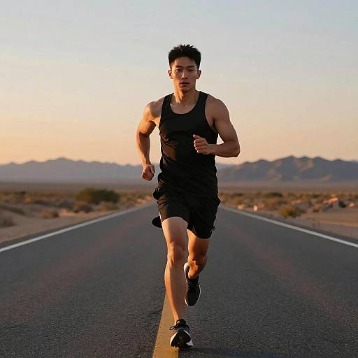 Photograph of an Asian man jogging on a desert road at sunset, wearing a black tank top and shorts, with mountains in the background.