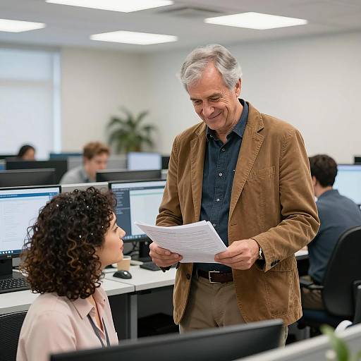 Middle-aged man and woman discussing papers in office