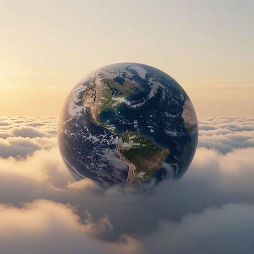 Photorealistic CGI of Earth floating among fluffy, illuminated clouds at sunrise, showcasing continents and oceans with vibrant colors.