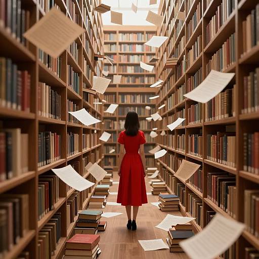 Photograph of a woman in a red dress standing in a library aisle, surrounded by floating books and papers.